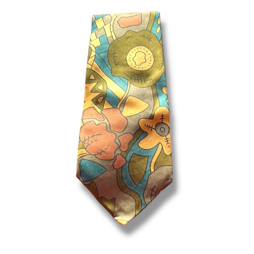 Geoffrey Beene Men's Silk Tie Blue Orange Floral Abstract Pattern Necktie